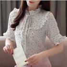 Elbow-sleeve Frill Trim Patterned Chiffon Top