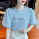 Puff-sleeve Flower Detail Lettering T-shirt