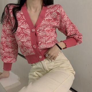 Rose Printed Single-breasted Knitted Crop Top Pink - One Size