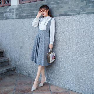Mock Two-piece Long-sleeve Embroidered Midi A-line Dress