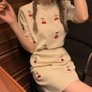 Short-sleeve Cherry Embroidered Knit Top / Mini Skirt