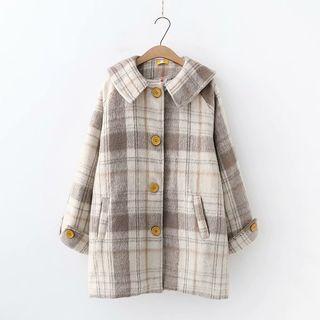 Plaid Collared Single-breasted Coat Plaid - Khaki - One Size