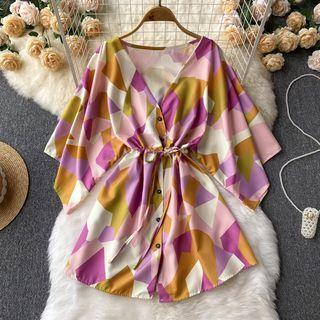 Long-sleeve V-neck Color-block Dress