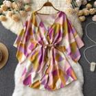 Long-sleeve V-neck Color-block Dress