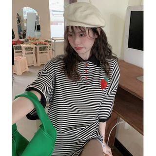 Strawberry Embroidered Striped Polo Shirt Stripe - Black & White - One Size