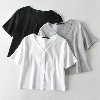 Plain Short-sleeve V-neck Button-up Cropped T-shirt