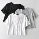 Plain Short-sleeve V-neck Button-up Cropped T-shirt