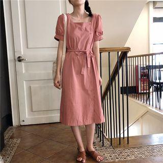 Square-neck Tie Waist Short-sleeve Dress