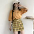 Elbow-sleeve T-shirt / Mini A-line Plaid Skirt