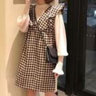 Plain Lantern-sleeve Chiffon Blouse / Checked Ruffle Pinafore Dress