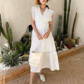 Sleeveless Print Lace Midi A-line Dress