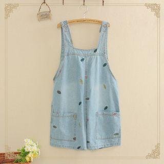 Leaf Embroidered Denim Pinafore Shorts