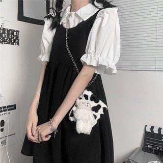 Set: Short-sleeve Ruffle Blouse + A-line Overall Dress