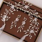 Set: Bridal Faux Pearl Flower Head Band + Flower Drop Clip-on Earring Fd916 - White - One Size