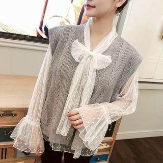 Long-sleeve Ribbon Mesh Top