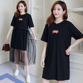 Set: Short-sleeve Lettering T-shirt Dress + Spaghetti-strap Mesh Dress