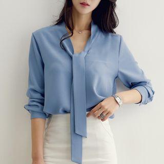 Elbow-sleeve Tie-front Plain Blouse