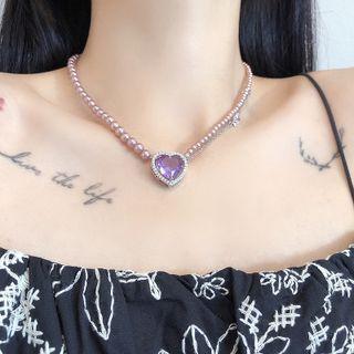 Heart Faux Crystal Faux Pearl Pendant Choker Purple & Pink - One Size