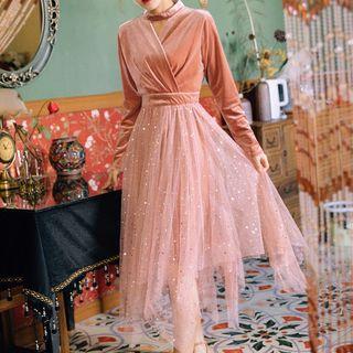 Long-sleeve Mesh-panel Midi A-line Velvet Dress