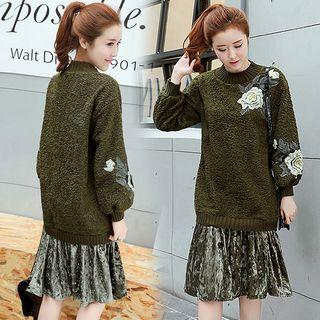 Flower Embroidered Velvet Hem Long Sleeve Dress