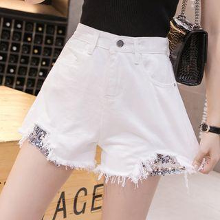 Frayed Sequined Denim Hot Pants