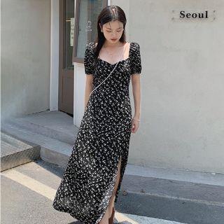 Side-slit Short-sleeve Floral Dress