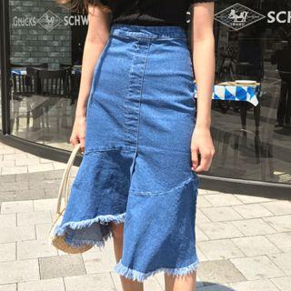 Fringed Asymmetric-hem Denim Skirt