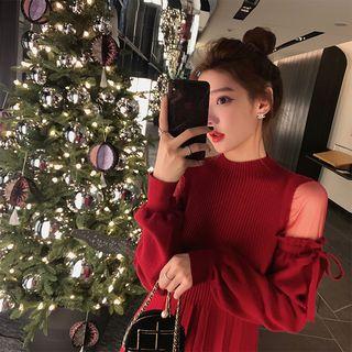 Mesh Panel Balloon-sleeve A-line Knit Dress