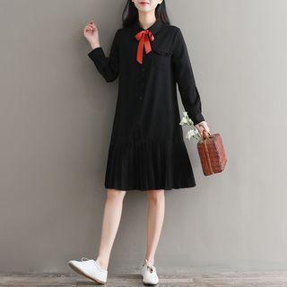 Tie-neck Pleated Shirtdress