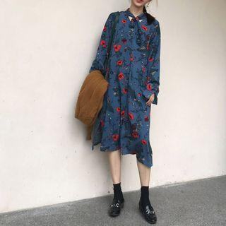 Tie-neck Floral Midi Chiffon Dress
