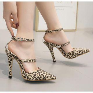 Pointy Toe Leopard Print Ankle Strap High Heel Pumps