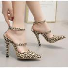 Pointy Toe Leopard Print Ankle Strap High Heel Pumps