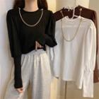 Inset-necklace Puff-sleeve Plain T-shirt