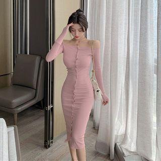 Single-breasted Off-shoulder Midi Sheath Dress