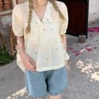Short-sleeve Floral Embroidered Blouse Almond - One Size