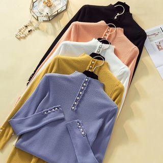 Faux Pearl Mock-neck Long-sleeve Knit Top