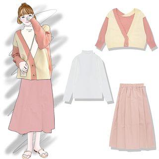 Plain Long-sleeve Knit Top / Color Block Cropped Cardigan / Midi A-line Skirt