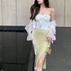 Bow-accent Tube Top / Bell-sleeve Mesh Bolero / High Waist Button Up Split Skirt