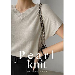 V-neck Cap-sleeve Glittered Knit Top