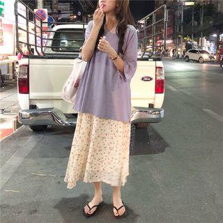 Floral Midi Skirt / 3/4-sleeve T-shirt