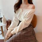 Off-shoulder Balloon-sleeve Blouse / Plaid Midi A-line Skirt
