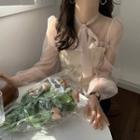 Tie-neck Mesh Blouse Mauve Pink - One Size