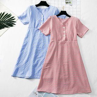 V-neck Checked A-line Dress