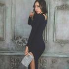 Sheer-trim Slit-side Long Bodycon Dress