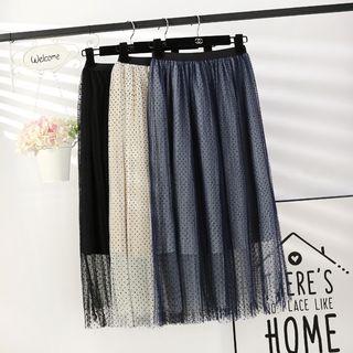 Polka Dot Mesh Overlay Midi Skirt