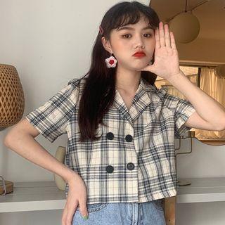 Short-sleeve Plaid Double-breasted Open-collar Shirt