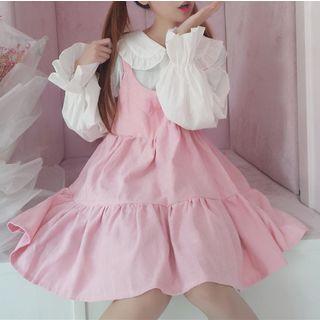 Set: Ruffle Peter Pan Collar Blouse + Pinafore Dress