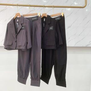 Set : Cropped Button Short-sleeve Top + High-waist Plain Pants