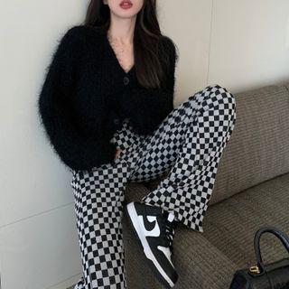 V-neck Fluffy Cardigan / Checkerboard Straight Leg Pants