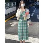 Spaghetti-strap Plaid Midi Sheath Dress / Cardigan